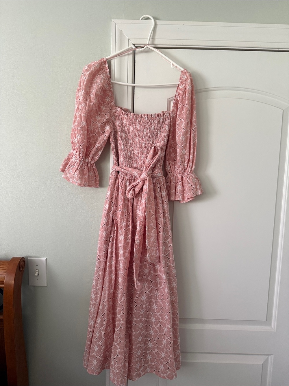 Smocked Waist Pink Eyelet Midi Dress